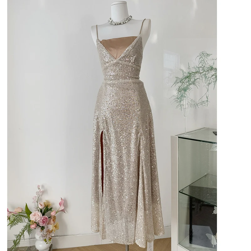 Sequins Maxi Tube Bodycon Formal Dresses for Women with Slit Spaghetti Strap Back Lace-up Ruched Wedding Guest Cocktail Dress