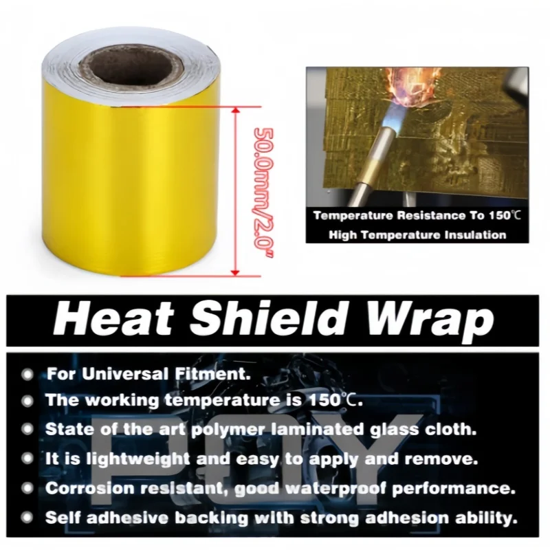 A Gold 2'' Thermal Exhaust Tape Air Intake Heat Insulation Shield Wrap Reflective Heat Barrier Self Adhesive Engine 2 Inch 5/10M