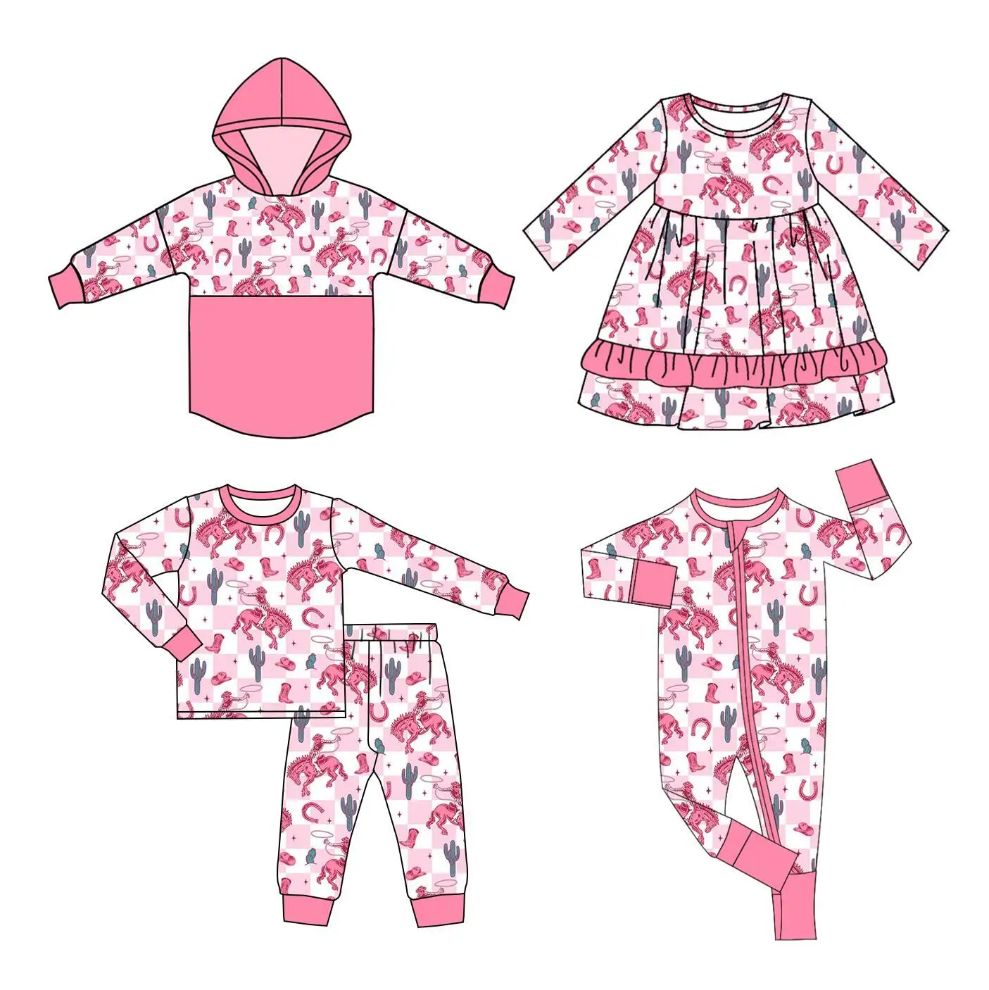 Toddler Boutique Children's Clothing Long Sleeve Horse Cactus Print Boys Pants Pajama Set Baby Zipper Jumpsuit Girls Dress top