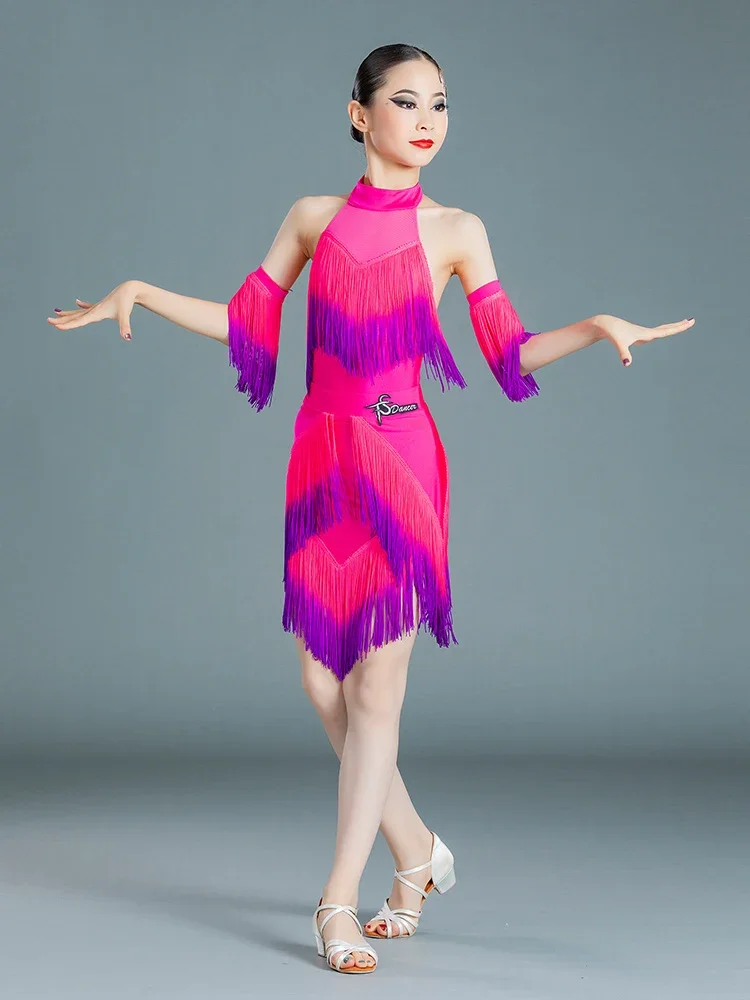 

Custom Size Children's Latin Dance Dress For Girls Competition Costumes Sleeveless Gradual Fringed Costumes Performance Outfits