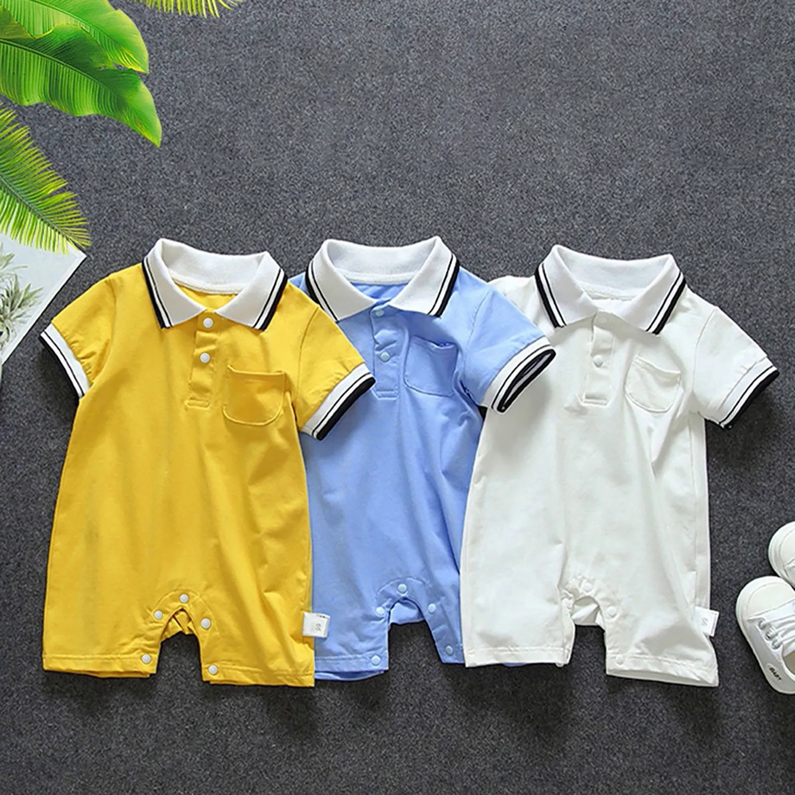 Toddler Baby Boys Girls Short Sleeve Turn-Down Collar Pocket Romper Jumpsuits