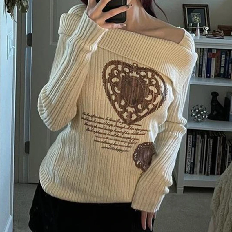 IAMHOTTY Y2K Heart Graphic Print Sweater Pullovers Women's Autumn Winter Slash Neck Knitting Top Harajuku Slim-fitting Knitwear