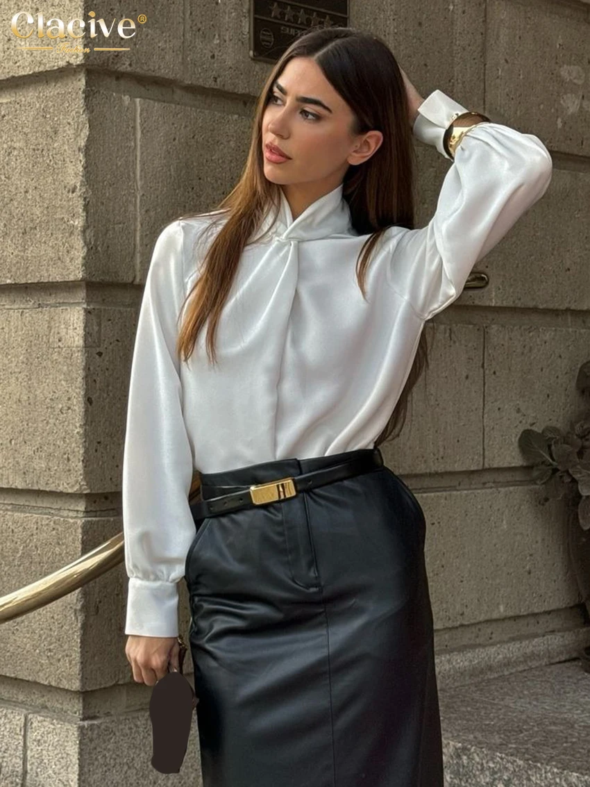 Clacive Fashion Loose White Satin Women's Shirt Casual Stand Collar Long Sleeve Shirts Elegant Classic Solid Top Female Clothing