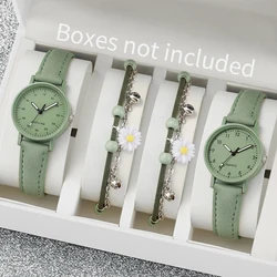 4PCS/Set Women's Watches Fashion Arabic Dial Leather Band Quartz Watch Flower Bracelets Set（Without Box）