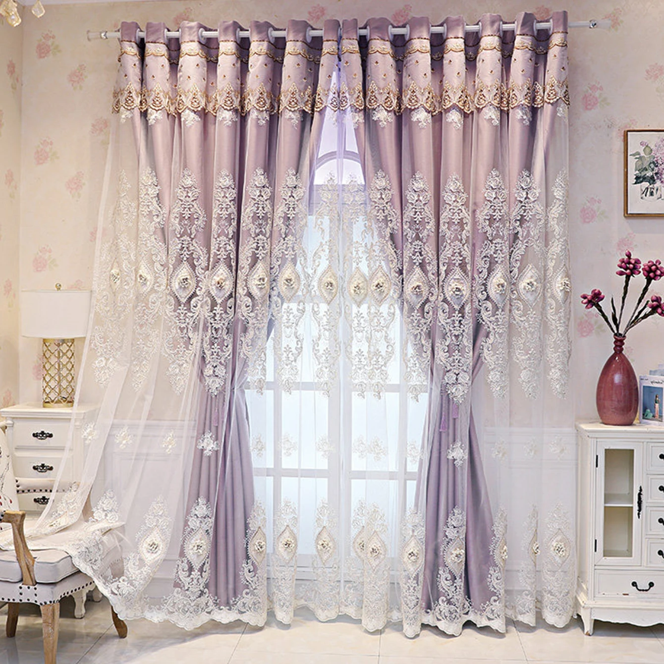1pc European Style Curtains, Dual Layered Net Fabric, Thickened Cloth, Embroidered Solid Color, Full Sun Blocking Floor-Length D