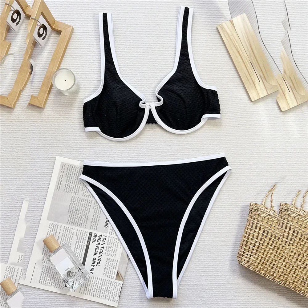 

2025 High Waisted Push Up Bikinis Sets Sexy Black White Contrast Swimwear Woman 2025 Swimsuit High Cut Bathing Suit Bikini Dames