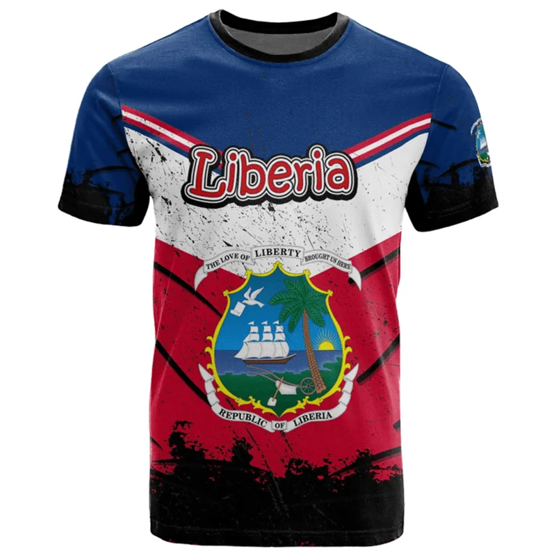 Liberia Men's T-Shirt Summer Short Sleeve LR National Emblem Flag 3D Print Fashion Round Neck Sports Fitness Male Clothing Tops