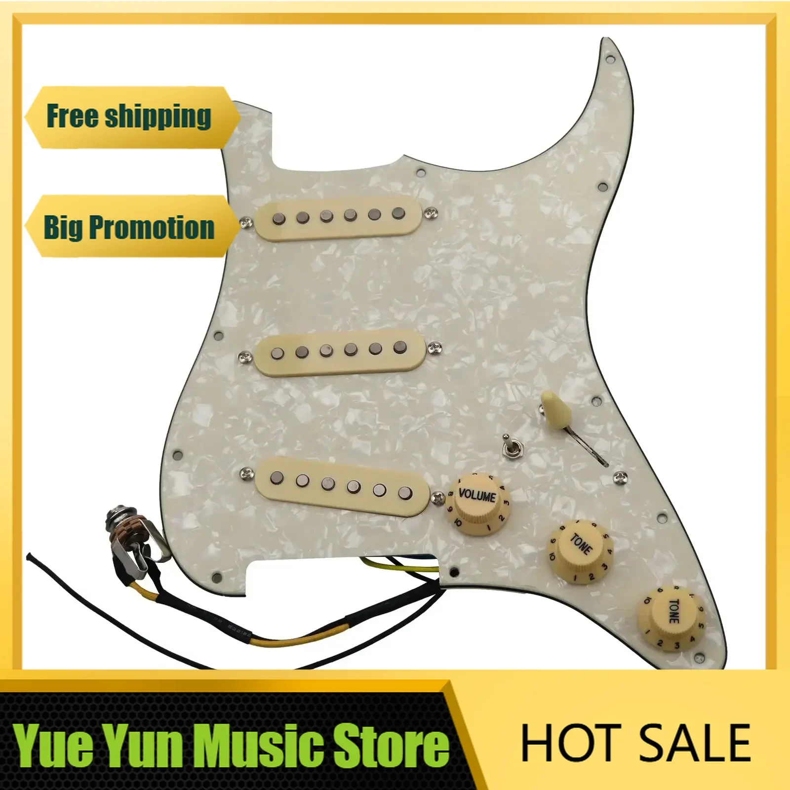 

Yue Yun Music Store--Discount Hot Sale--Alnico 5 SSS Single Coil Guitar Pickups Set with Loaded Pickguard Yellow Pickup Covers