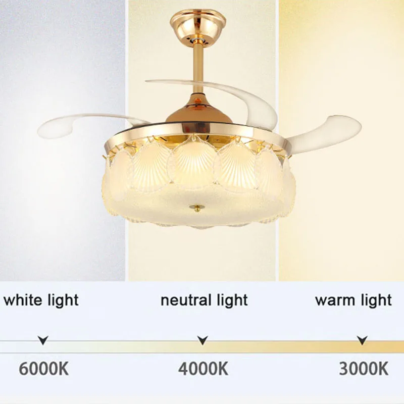 Crystal Ceiling Fans With Light Seashell Round Crystal Invisible Blades Bedroom Remote Control Ceiling led Chandeliers Fan Lamps