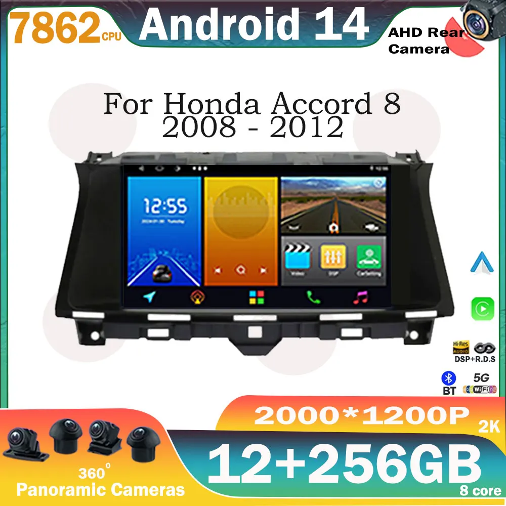 For Honda Accord 8 Crosstour 2008 - 2012 Android 14 Car Radio Multimedia QLED Player Stereo Carplay Auto Recorder GPS Navigation