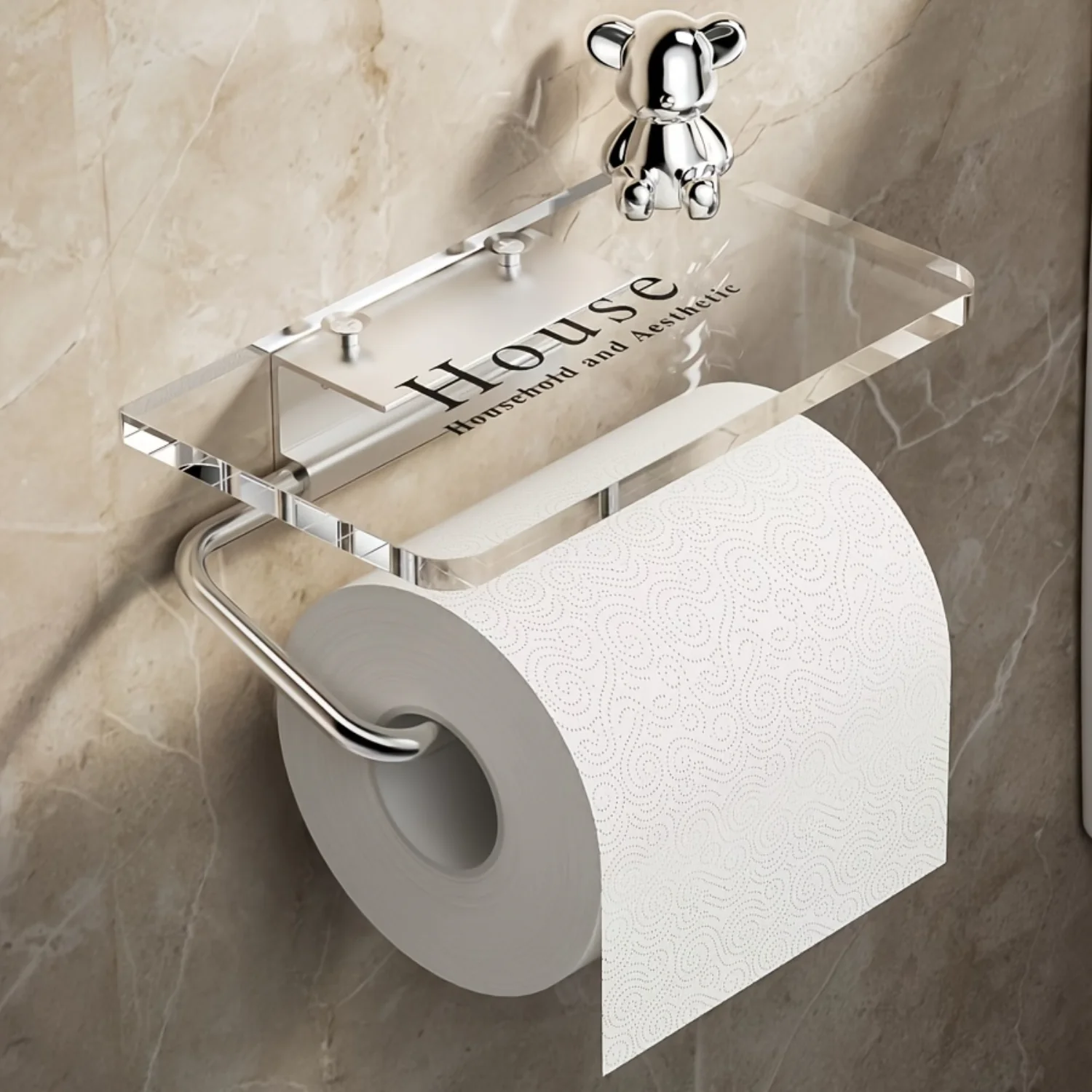 1PC Hypoallergenic Acrylic Bathroom Shelf with Toilet Paper Holder - Wall Mounted  Rack, No Drilling Required, PVC Composition, 