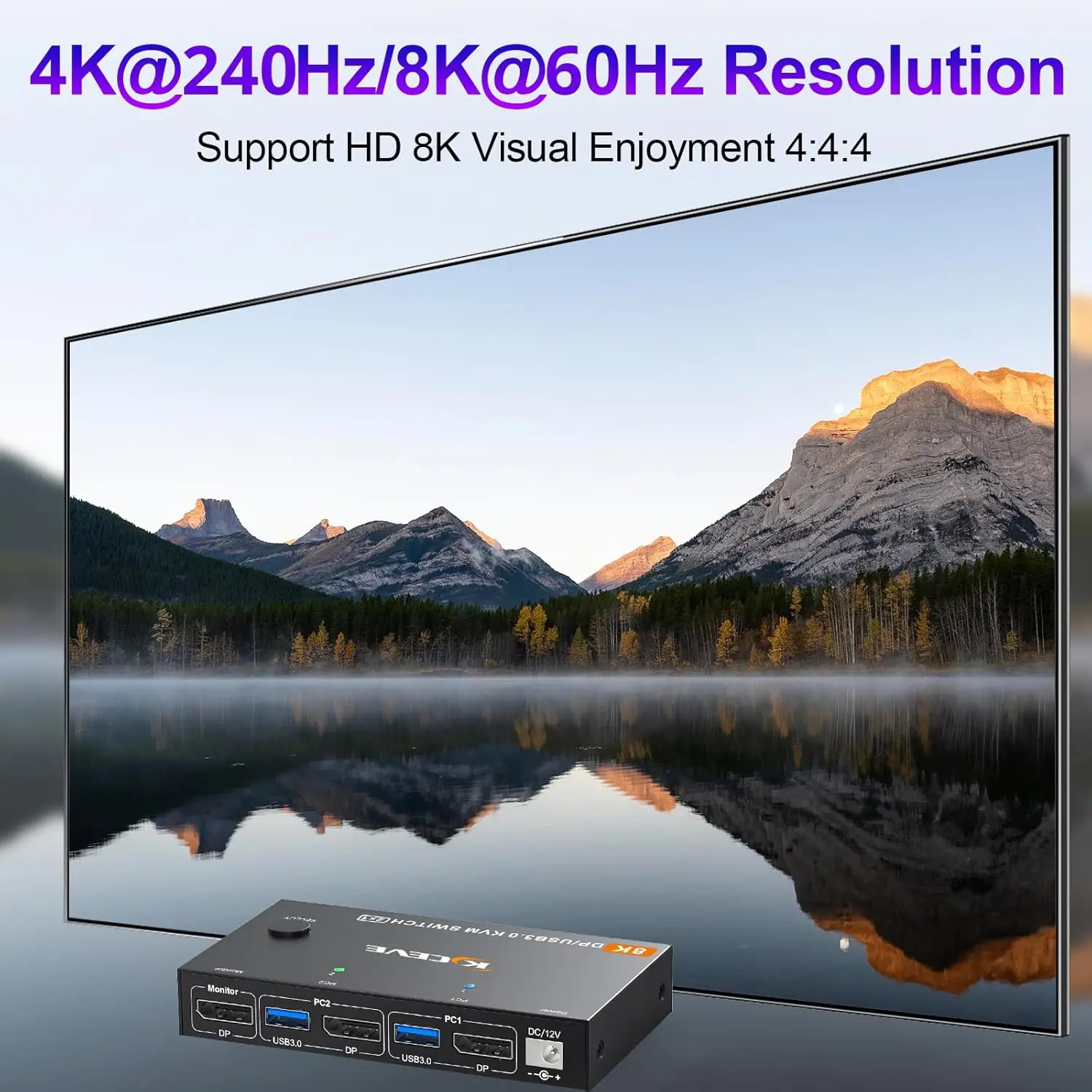 8K @ 60 هرتز KVM Switch 2 Computer 1 Monitor Displayport، USB3.0 KVM Switch DP2.1 لـ 2 PC Share 4 أجهزة USB3.0 وإمدادات الطاقة #3