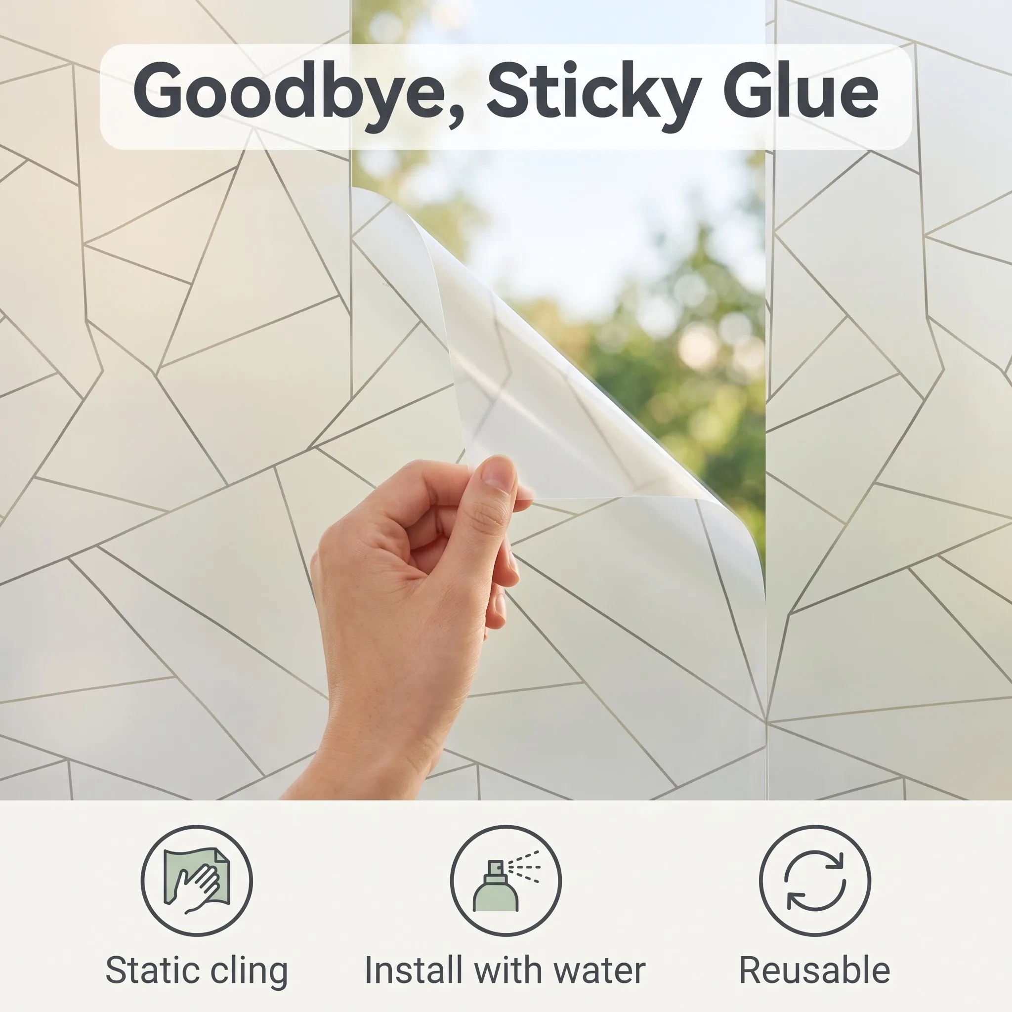 Geometric Abstract Static Cling Window Film No Glue Frosted Privacy Glass Film, Modern Line Decor for Bathroom Office Partition