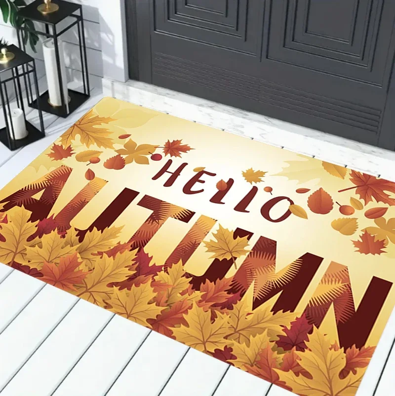Brown Wood Welcome Gold Orange Red Maple Leaf Border Autumn Entrance Mat Non-Slip Doormat for Front Door Porch Warmth