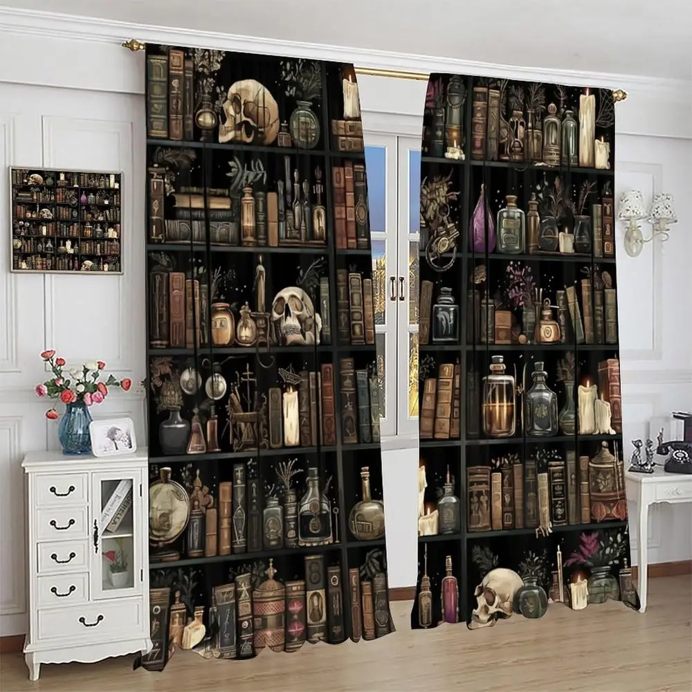 Elegant Gothic-Inspired Book-Patterned Window Curtains with Skull and Floral Accents, 84 x 84 for Living Spaces and Bedrooms