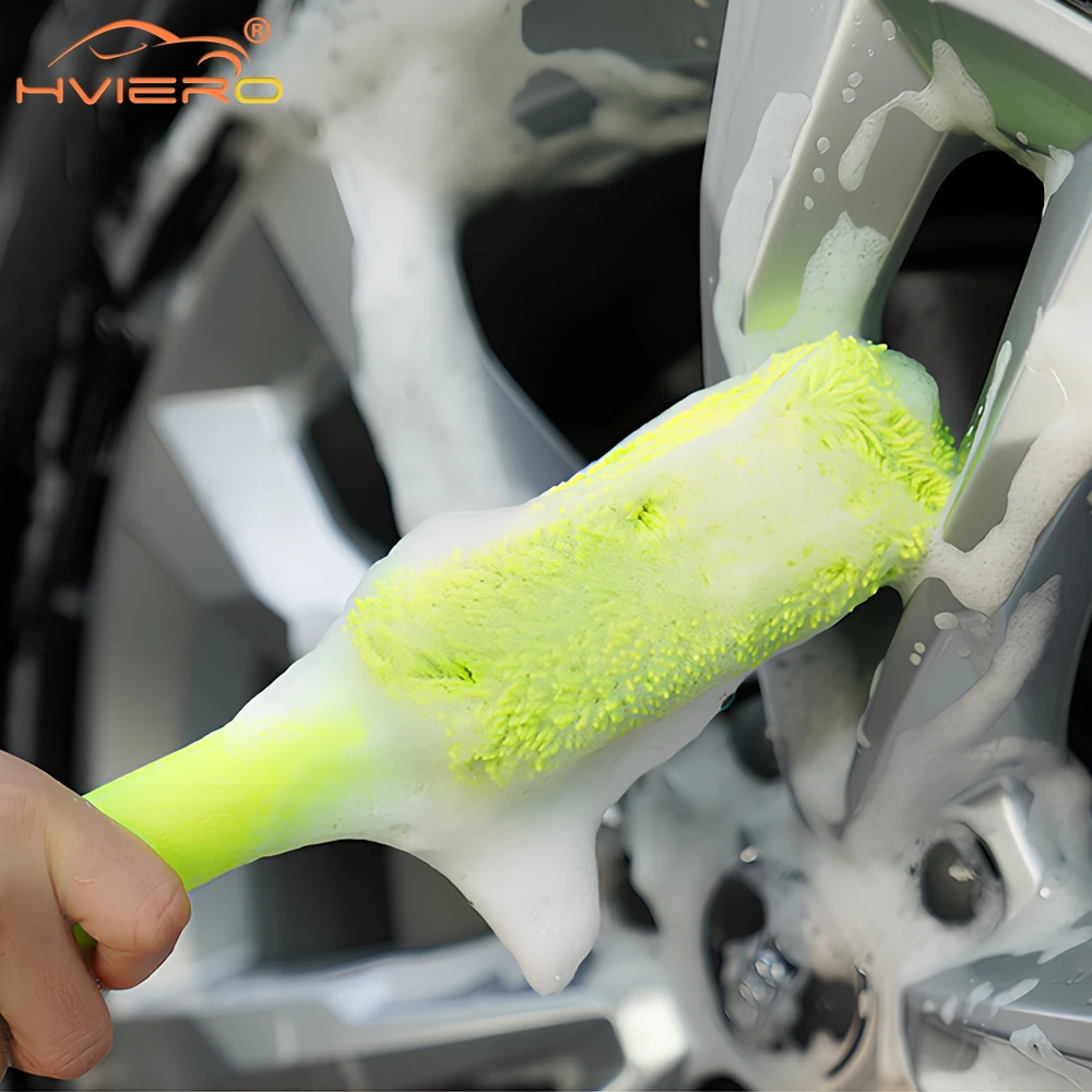 1X Car Wash Portable Microfiber Wheel Tire Rim Motorcycles Brush Cleaning Plastic Handle Auto Cleaner Tools Brushes Random Color