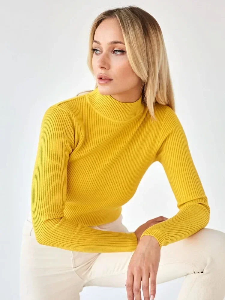 Women Sweaters Long Sleeve Half High Collar Knitted Pullovers Jumpers Sheath Jumpers Slight Strech Sheath High Street Pullovers