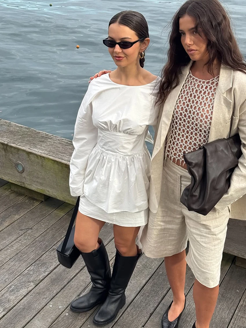 Marthaqiqi Cotton Women'S Sleepwear Set Long Sleeve Nightgowns O-Neck Nightwear Lace Up Pajamas Skirt Causal Ladies Nightie Suit