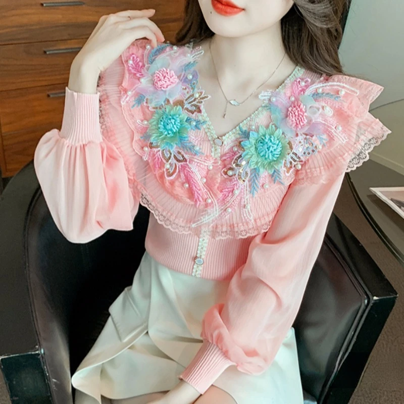 Floral Lace Stitching Knitted Chiffon Patchwork Shirt Women\'s Autumn Top 2024 New Beautiful V Neck Lonfg Sleeve Blouse Blusa