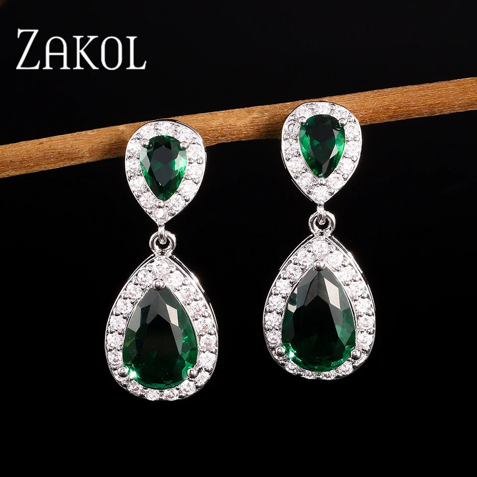 ZAKOL Trendy White And Gold Color Teadrop Crystal Dangle Earrings for Women Water Drop Shape Female Bride Wedding Wholesale