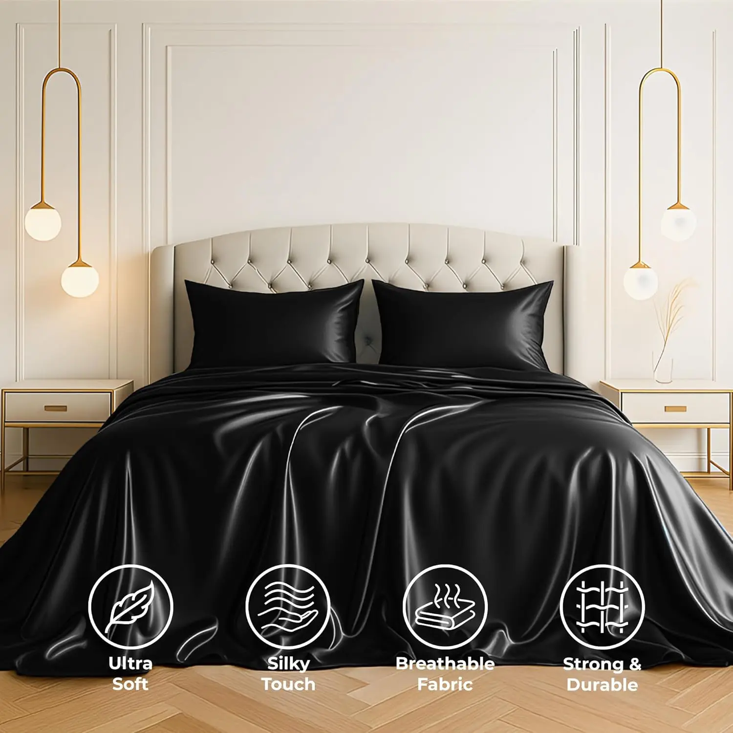 Satin Bed Sheets Twin Full Queen King Size Sheets Set 4 Pcs Silky Bedding Set with Elastic Corner Straps Deep Pocket for Mattre