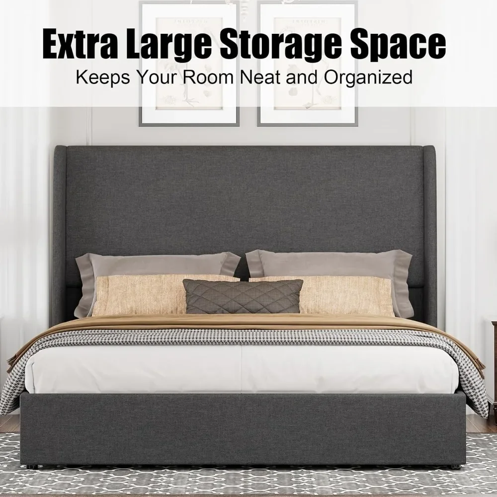 Lift Up Storage Bed  Linen Upholstered Platform Bed Frame Hydraulic Storage Modern Headboard No Box Spring Needed Bed Frame