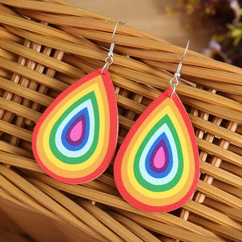 Retro new proud colorful leather earrings double-sided printing ethnic style earrings