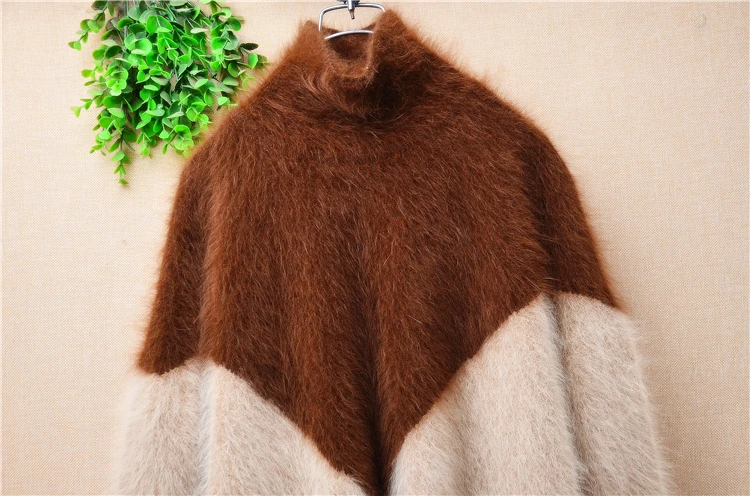 Ladies Women Spring Autumn Clothing Colored Hairy Angora Rabbit Hair Knitted Long Sleeves Turtleneck Loose Pullover Sweater Pull