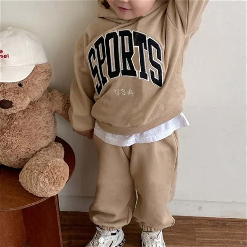 2025 Autumn New Children Letter Print Hoodie Sweatshirt + Pants 2pcs Suit Boys Girls Casual Hoodie Outfits Cotton Kids Sweat Set