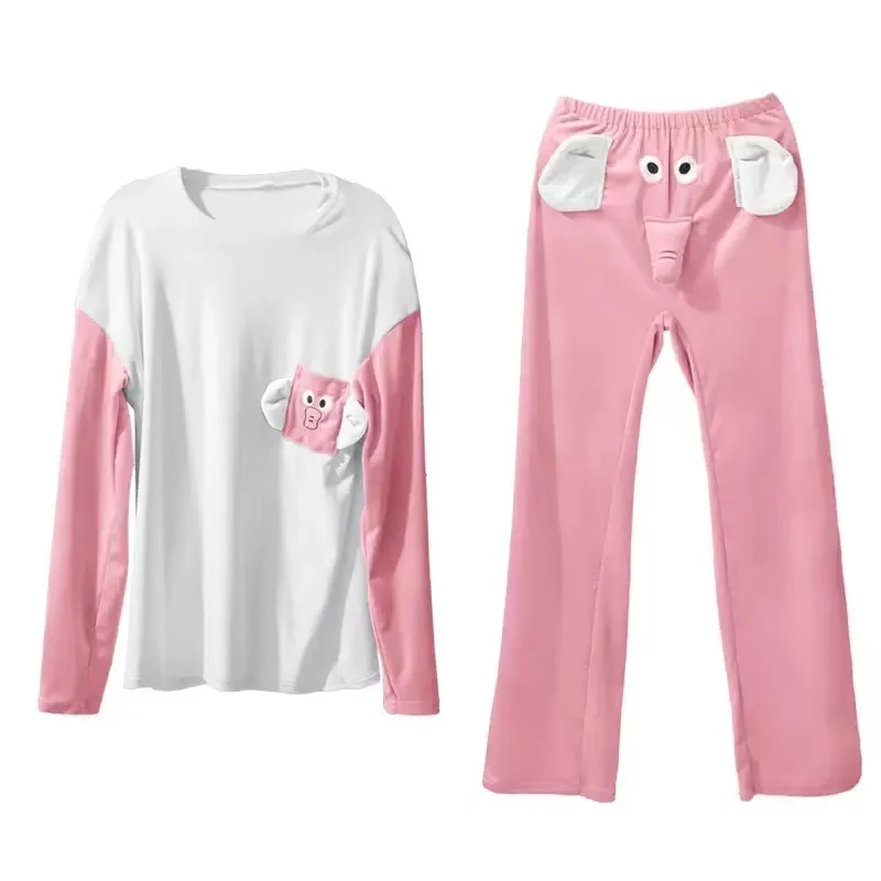 

Adorable Pink Elephant Cosplay Loungewear Embroidered Squeaky Nose Long Sleeve Pajama Set Comfortable Loose Fit Pants
