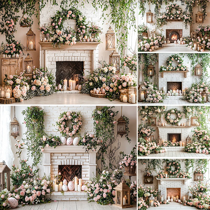 

LS Easter Fireplace Backdrops For Photography Spring Flowers Bunny Eggs Newborn Baby Child Portrait Background For Photo Studio
