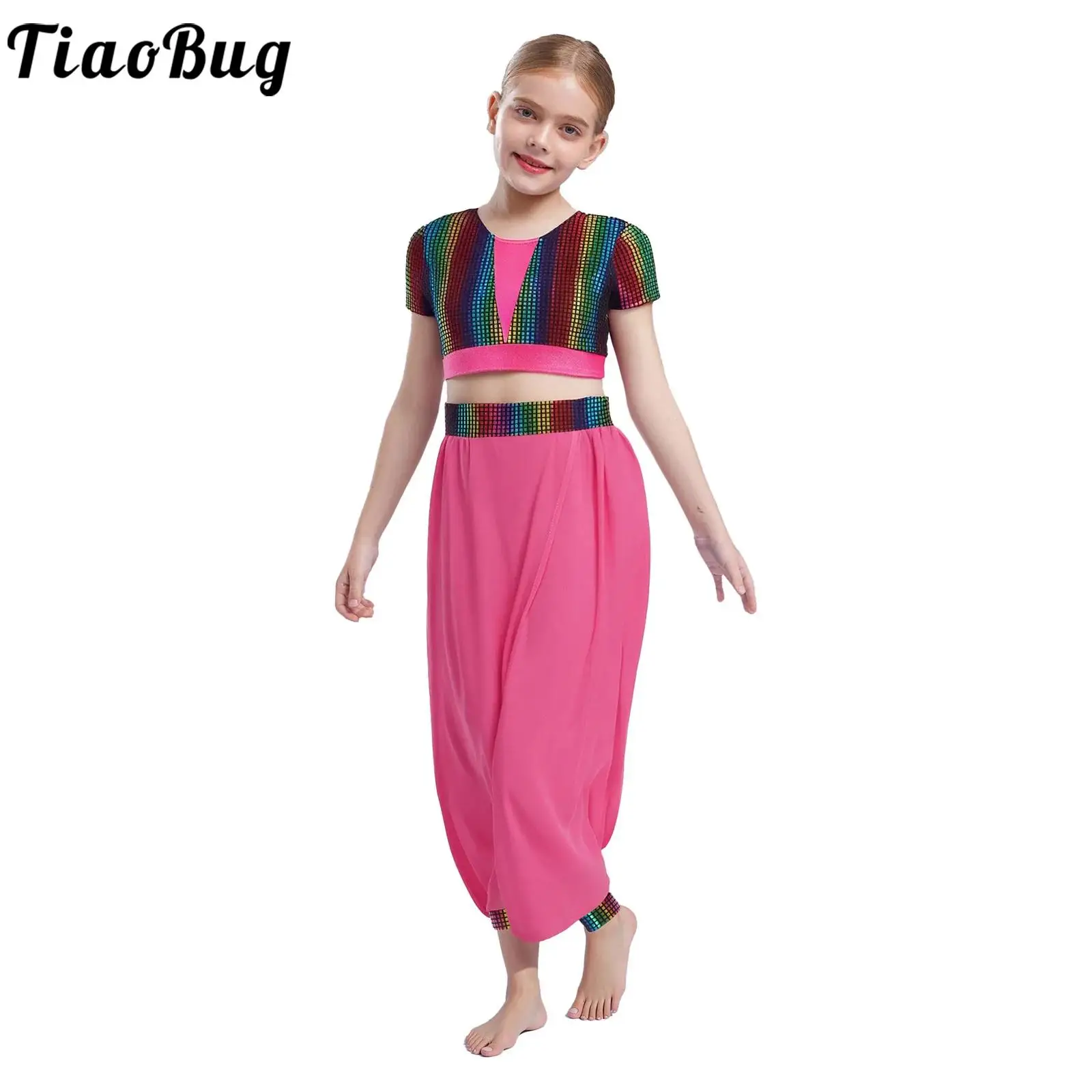 

Girls Metallic Belly Ballet Dance Sets Color Block Short Sleeves Crop Tops with Pants Dance Outfits for Jazz Dance Performance
