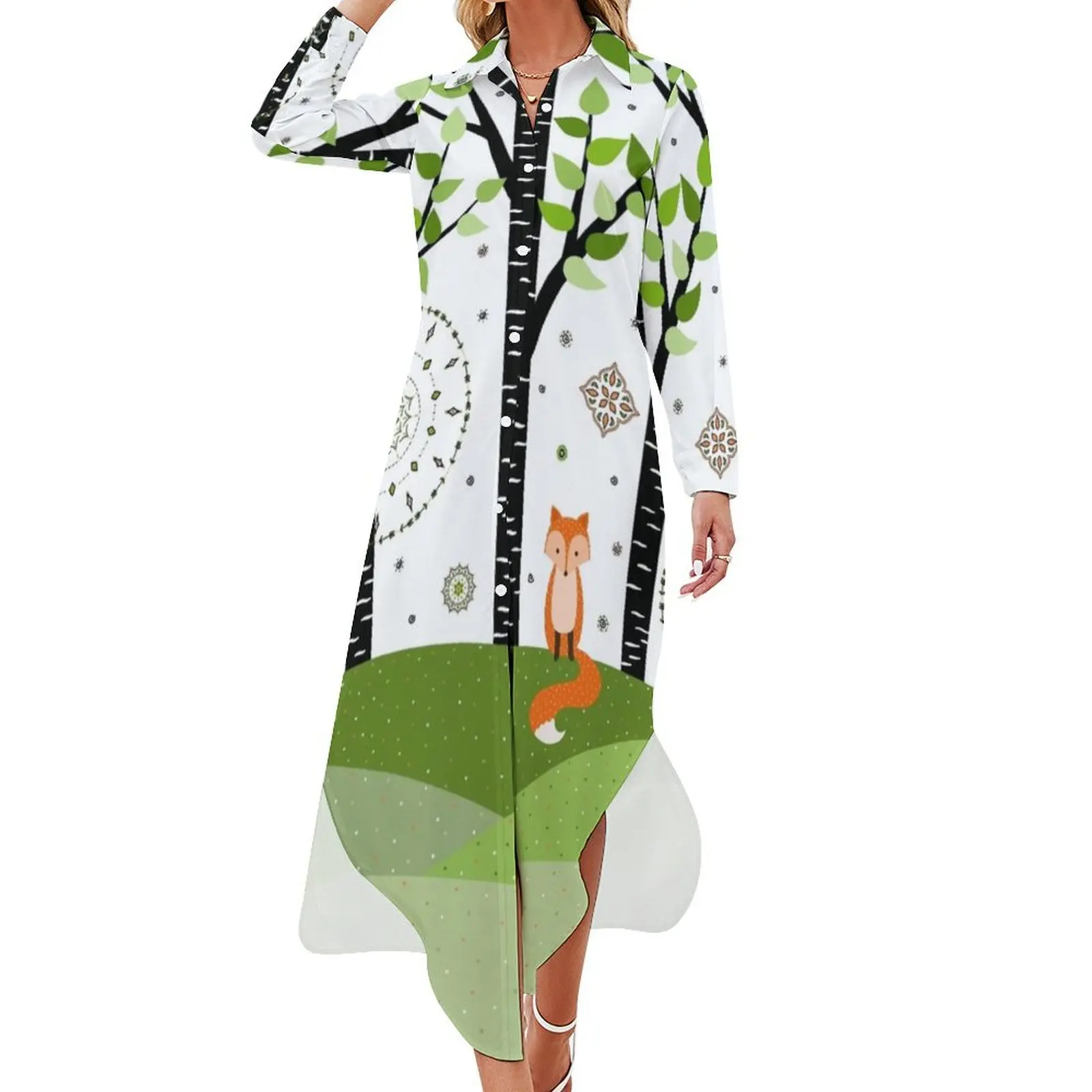 

Fox - Birch Trees - Green Long Sleeved Shirt Dress dress for women summer Dresses for wedding party birthday dresses for women