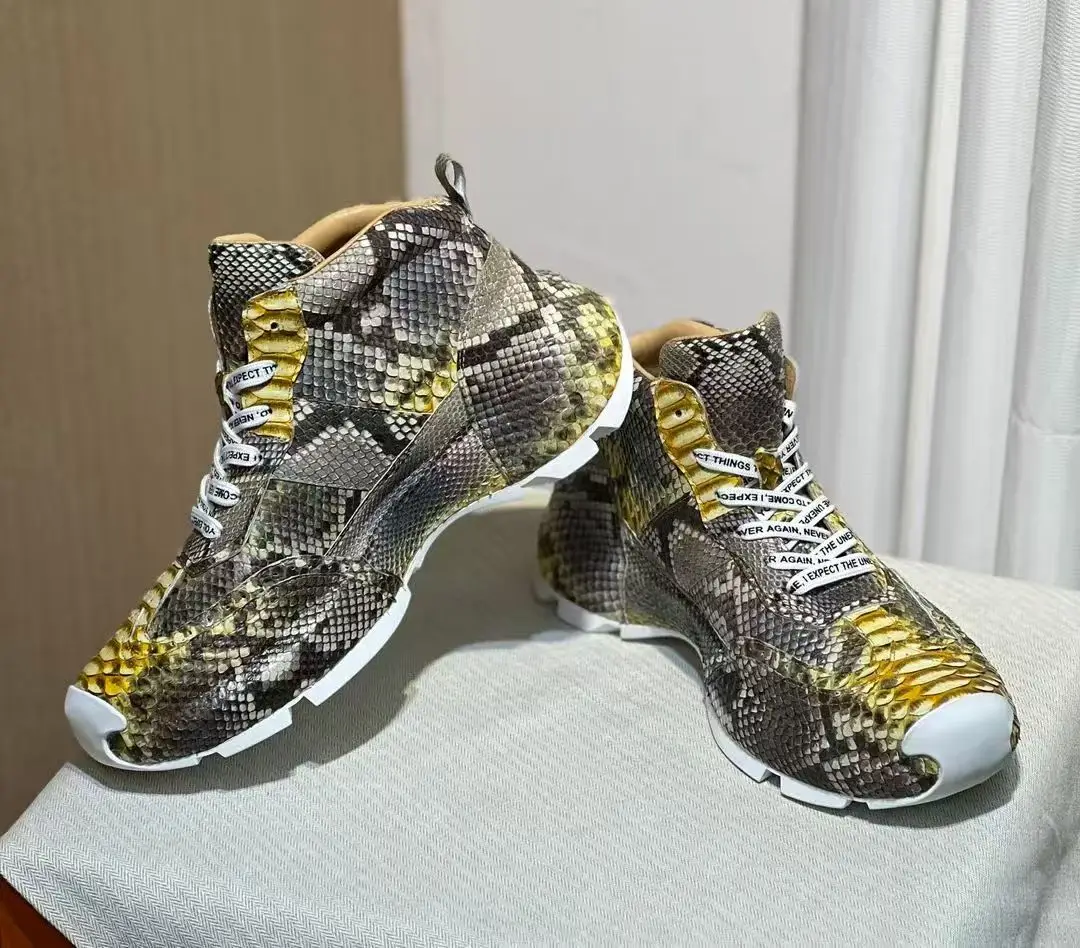 حذاء رجالي أصلي من جلد الثعبان الحقيقي، حذاء رياضي رجالي عالي الجودة من جلد الثعبان باللون الذهبي والأصفر مع بطانة بقرة #5