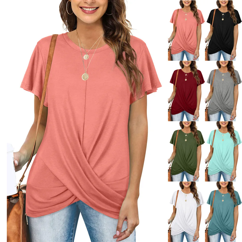 T shirt women 2025 fashion round-neck solid color knotted short-sleeved T-shirt for European tshirt women's clothing
