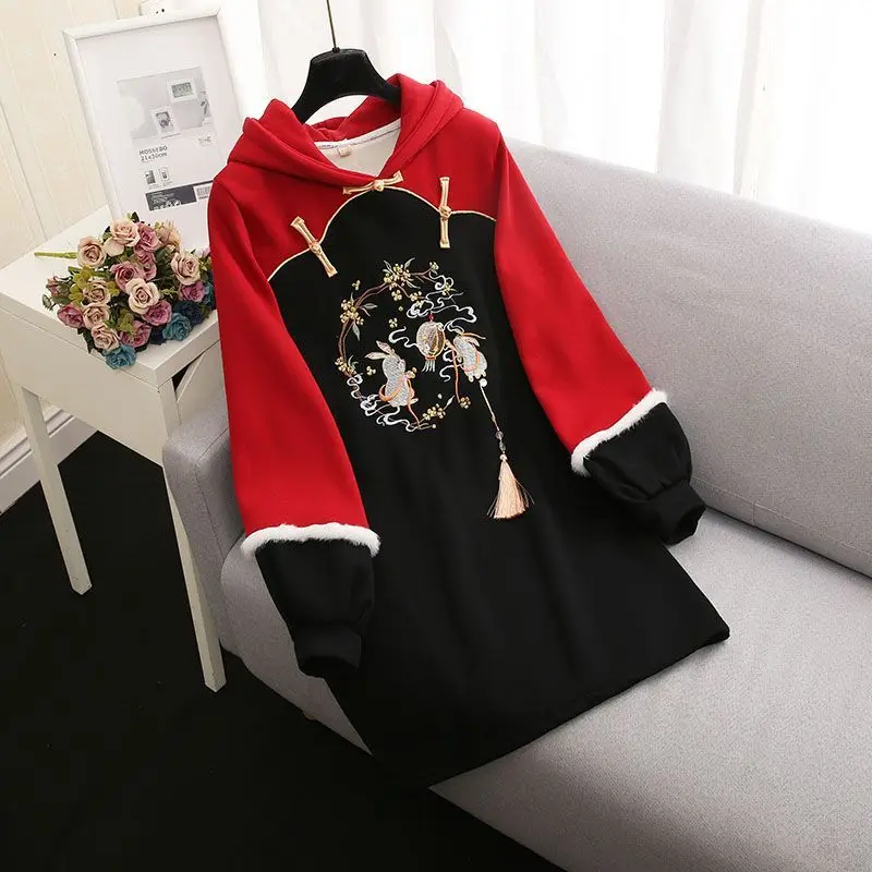 Modern Red Mid Length Sweatshirt Women's Autumn And Winter Chinese Style Hooded Plush And Thicken Embroidered Long Sleeve Dress