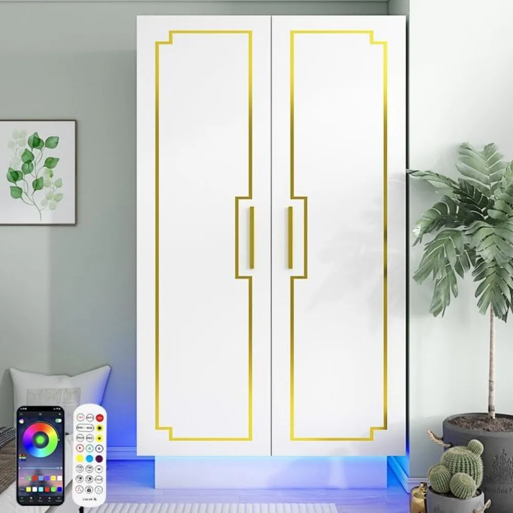 Modern 70in LED 2 Doors Armoires Wardrobe Closet&Cabinet with Hanging Rod,Bedroom Armoires with RGB LED 6000-color Lights,Wardro