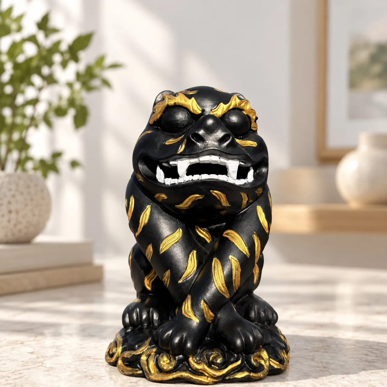 Hand-Carved Hinoki Wood Painted Gold Tiger General Statue for Asian Feng Shui Buddhist Home Altar Tabletop Decor Gift