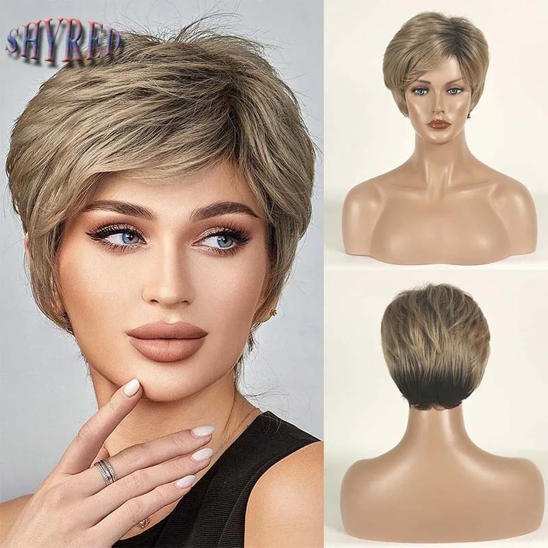 

Short Pixie Cut Blonde Gradient Synthetic Wigs Straight Layered Wig with Fluffy Bangs for Women Daily Heat Resistant Hair