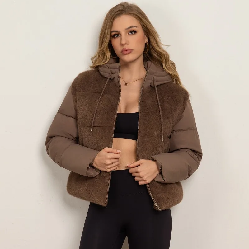 2026 Removable Sleeves Padded Jacket Women Short Faux Fur Trim Oversize Winter Warm Frost Cozy Casual