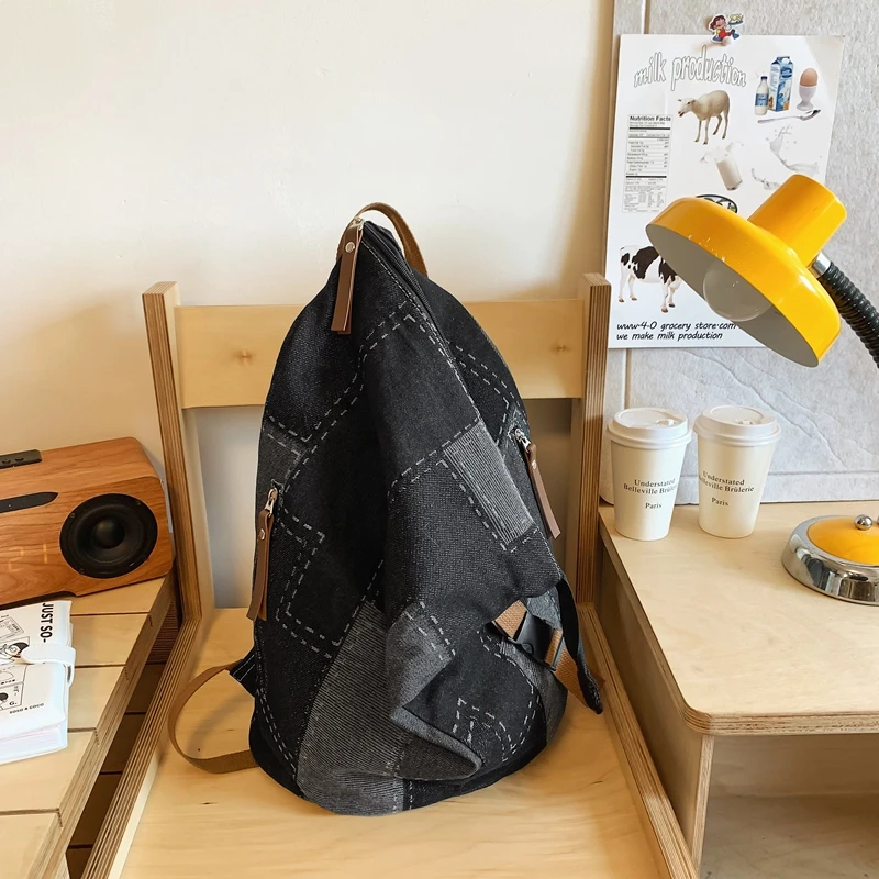 Denim Large Capacity Casual Plaid Backpack High Quality Versatile Popularity Unique Design Schoolbag for Women 2024 Couple Model