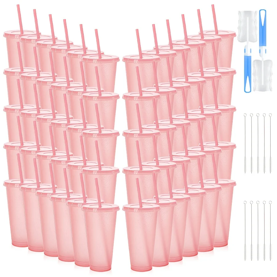 60pcs PP Plastic Water Cups, Durable And Easy To Clean. Coming With Cup Brushes, Straw Cleaners, Lids And Straws They Are Premium Beverage And Juice Cups For Birthday Parties And Graduation Parties And Also Ideal Drinking Utensils For Daily Hydration