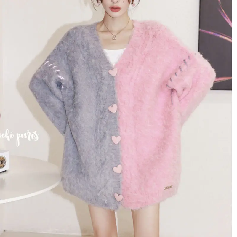 Contrasting Colors Knitting Cardigan Coat Women Autumn Winter Korean Loose Sweater Fashion Buttons All-match Trend Knitwear Tops