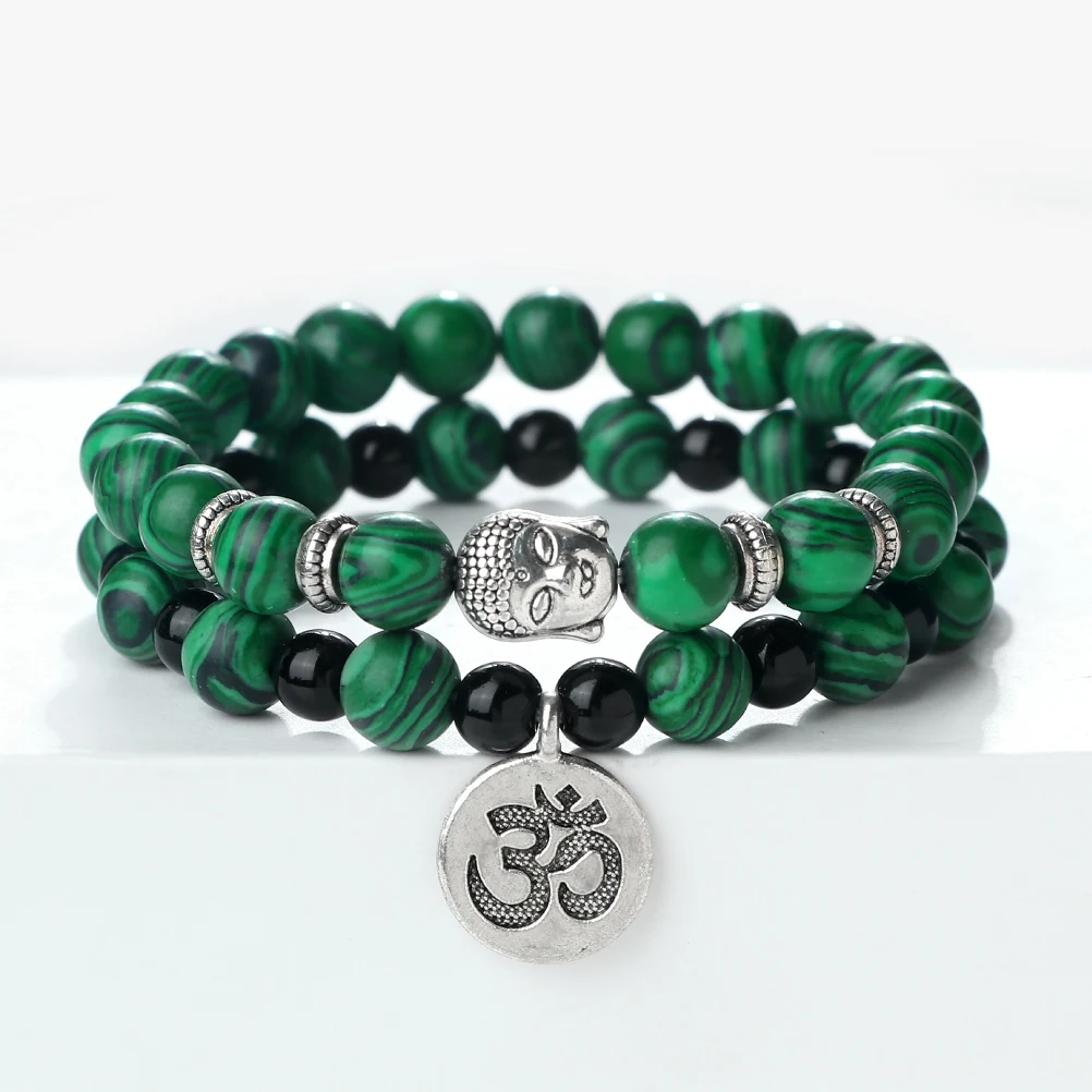 2pcs/Set Natural Stone Bracelet For Women Men Vintage Ethnic Buddha Head Braclets Yoga Om Aum Bracelet Charm Couple Jewelry Gift