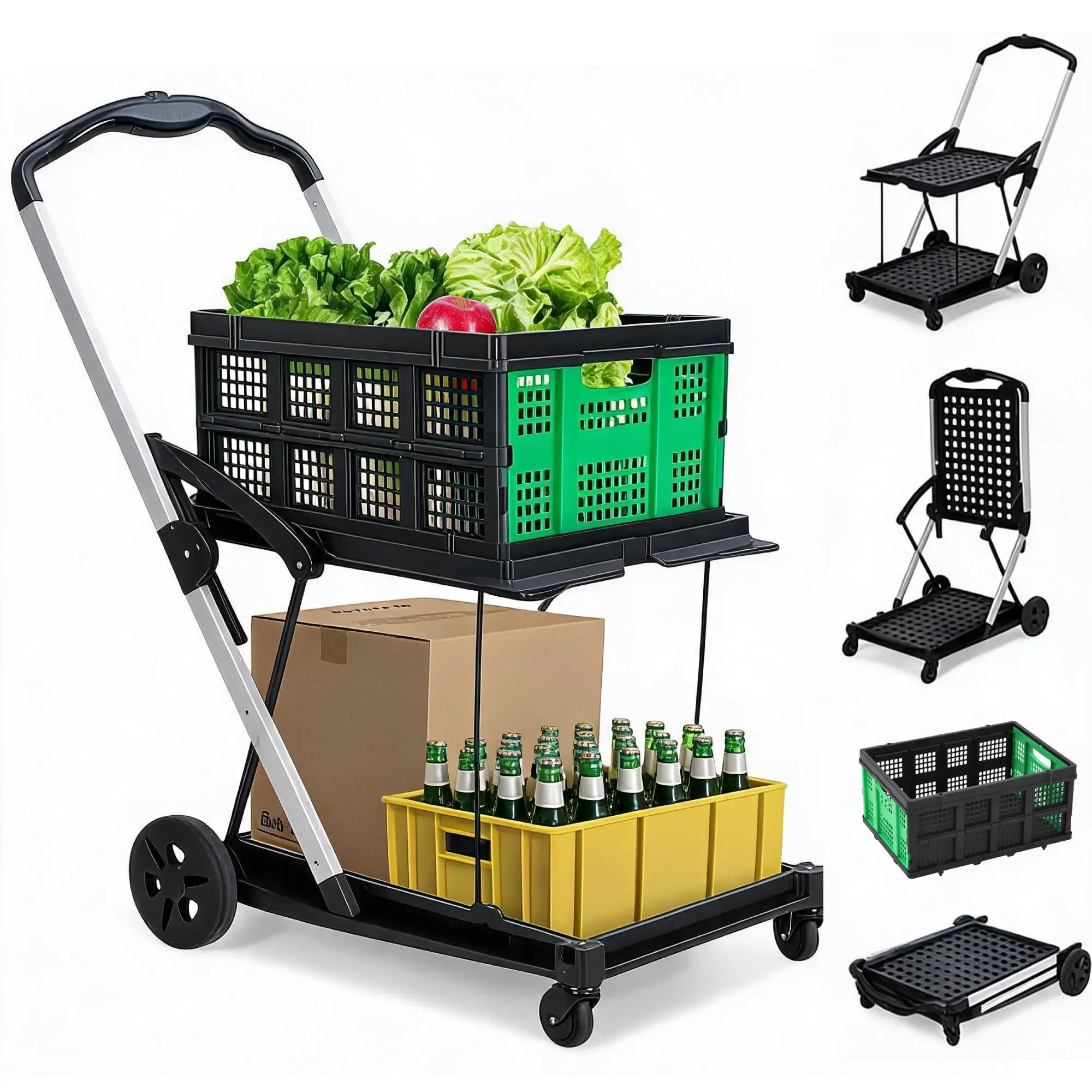Heavy Duty 2-Tier Collapsible Garden Cart – Lightweight Fe – 360° Swivel Wheels – Removable Crate for Market, Home
