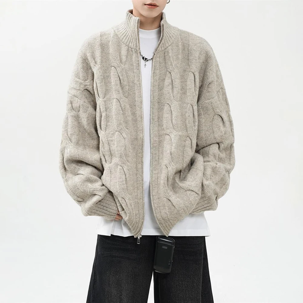 

2025 Winter New Men's Cable Knit Long-Sleeve Cardigan American Retro Fashion Trendy High Street Casual Loose Niche Men's Top