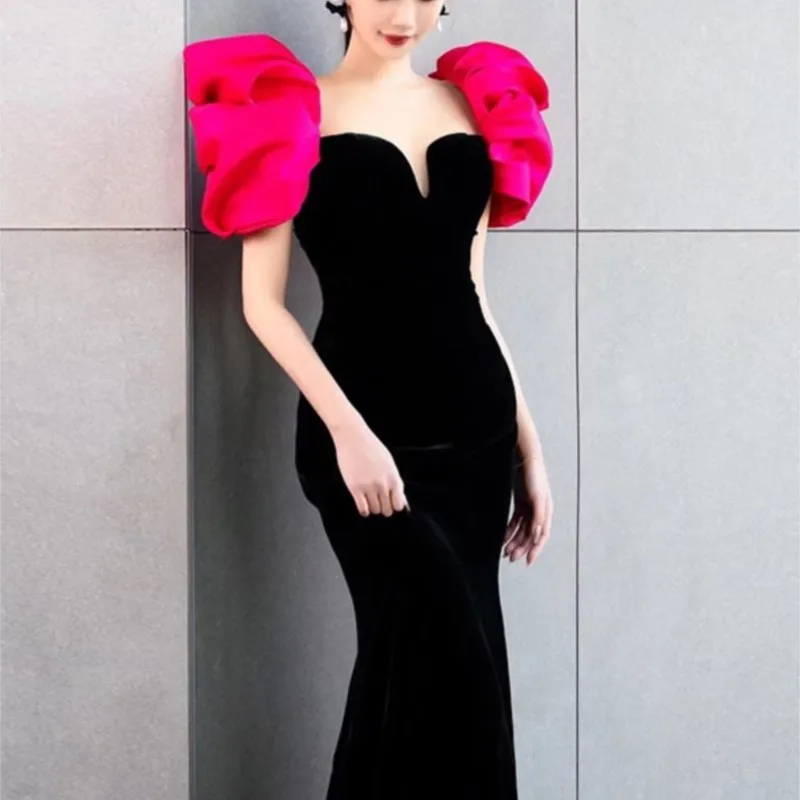 Fishtail new temperament light luxury small black sense piano performance vocal dress