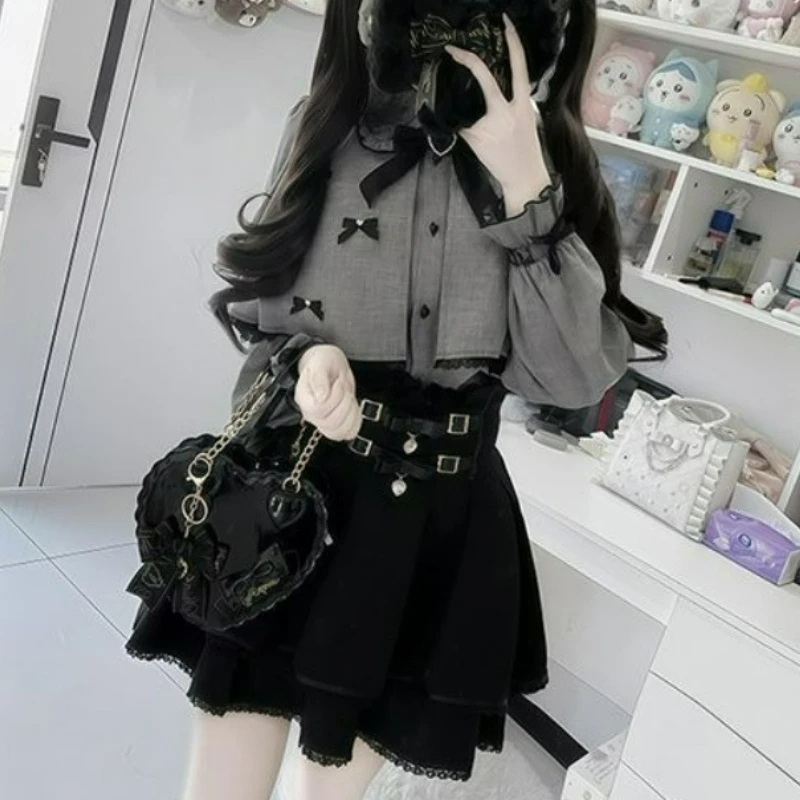 

Japanese Gothic Lolita Skirt Set Women Vintage Bow Cloak Long Sleeve Shirt Top High Waist Mini Skirts Korean Y2k Aesthetics Suit