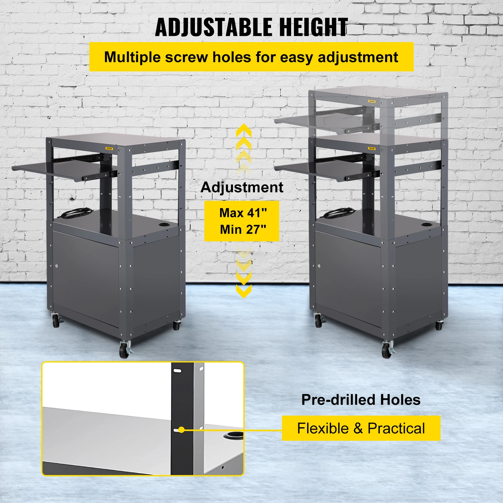 VEVOR Steel AV Cart 27-41" Height Adjustable Media Cart with Keyboard Tray and Locking Cabine for Conference Library Kitchen