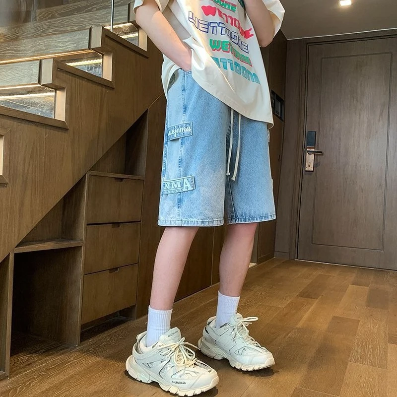Men's Summer Lightweight Washed Denim Shorts Loose Fit American Retro Patchwork Casual Cool Stylish Mid-Length Wear